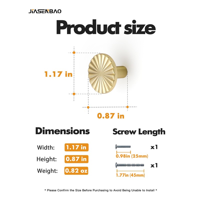 JIASENBAO 10 Pack Brushed Gold Cabinet Knobs Brass Flat Drawer