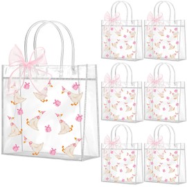Geelin 24 Pcs One Silly Goose Clear Gift Bags with Handles Ribbon Silly Goose Treat Tote Reusable Goodie Bags with Bowknot Ribbon Party Favor Decor for Wedding Birthday Baby Shower(Pink)