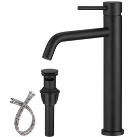 BWE Matte Black Vessel Sink Faucet Single Handle with Pop Up Drain Assembly and Supply Lines Stainless Steel Single Hole Bathroom Sink Faucet Commercial Basin Lavatory Vanity Sink Faucet Mixer Tap
