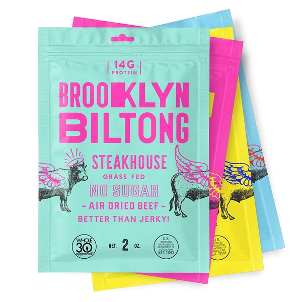 Brooklyn Biltong - Air Dried Grass Fed Beef Snack, South African Beef Jerky - Whole30 Approved, Paleo, Keto, Gluten Free, Sugar Free, - 2 oz. Bags, 4 Count (Variety Pack)