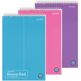 Enday Steno Pads Spiral 6 x 9 inches, Gregg Rule White Paper, 80 Sheets Steno Notebook for writing in Pink, Purple, Green, Blue, Red, Grey, Color May Vary (3 Pack)