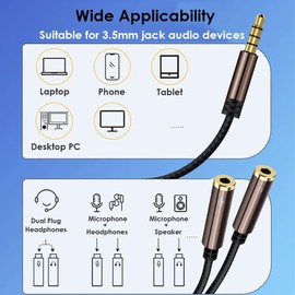 Headphone Splitter, 3.5mm Aux Plug to Dual Jack Headphone Mic Adapter, Stereo Audio Microphone Y Splitter Extension Cable for Laptop, Smartphone, Tablet, Headset, Speaker and More