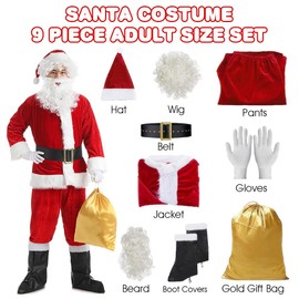 ArtCreativity Santa Costume for Men - 9 PC Mens Santa Costume - Deluxe Santa Claus Suit for Men with Gold Gift Bag for Christmas, New Year, Parties, Birthdays - Quality Red Plush Adults Santa Suit