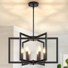 MANGINY 6-Light Black Chandelier, Dining Room Light Fixture, Farmhouse Chandelier, Geometric Metal Industrial Pendant Light Fixture Ceiling Hanging for Kitchen Stairway Foyer Entryway Hallway