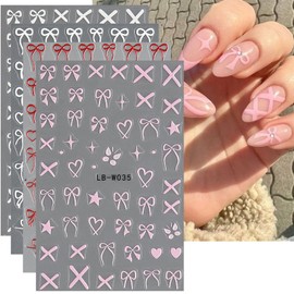 Heart Bows Nail Art Stickers 3D Black White Red Pink Bow Tie Nail Design Self-Adhesive Pink Red White Stickers for Nail Art Supplies Cute Nail Stickers for Women Girls DIY Acrylic Nails Decoration