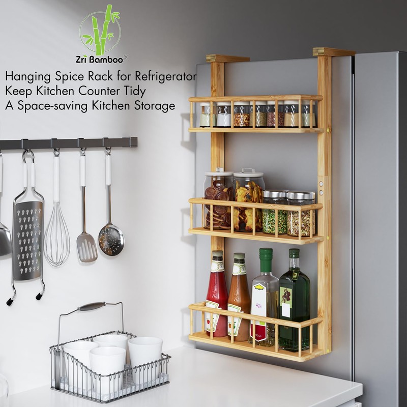 Hanging Spice Rack for Refrigerator - 3 Tier Bamboo Kitchen