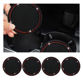 Dickno 4 PCS Bling Car Cup Coaster, 2.75 Inch Crystal Rhinestone Auto Cup Holder Insert Coaster, Anti-Slip Durable Car Drink Cup Mat, Universal Vehicle Interior Decor Accessories (Black & Red)