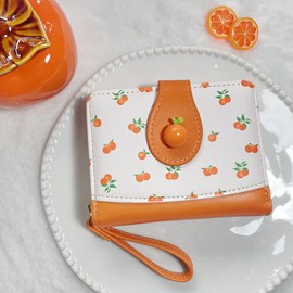 Modacarry Cute Print Wallet Blueberry Strawberry Cherry Wallet with Credit Card Slot Zipper Coin Pocket for Women Girls (ORANGE)