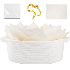 OIAHOMY OIAHOMY Gift Basket with Handle, Small Woven Basket with Gift Bag，Ribbon and Wrap Tissue Paper，Nursery Bins Empty to Fill with Small Items, Baby，Pet Toy Organizer - White