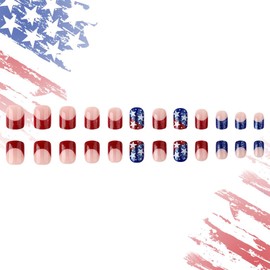 24Pcs 4th of July Press on Nails Short Square Independence Day Fake Nails with Five-Pointed Star Design Red Blue Glitter French Tip Glue on False Nail Patriotic Artificial Stick on Nail for Women