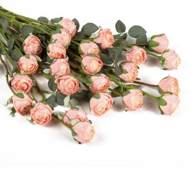 DuHouse - 24 rosas artificiales clásico de seda con tallo, ramos de rosas falsas para arreglo, centro de mesa, fiesta, decoración del hogar (degradado rosa claro)