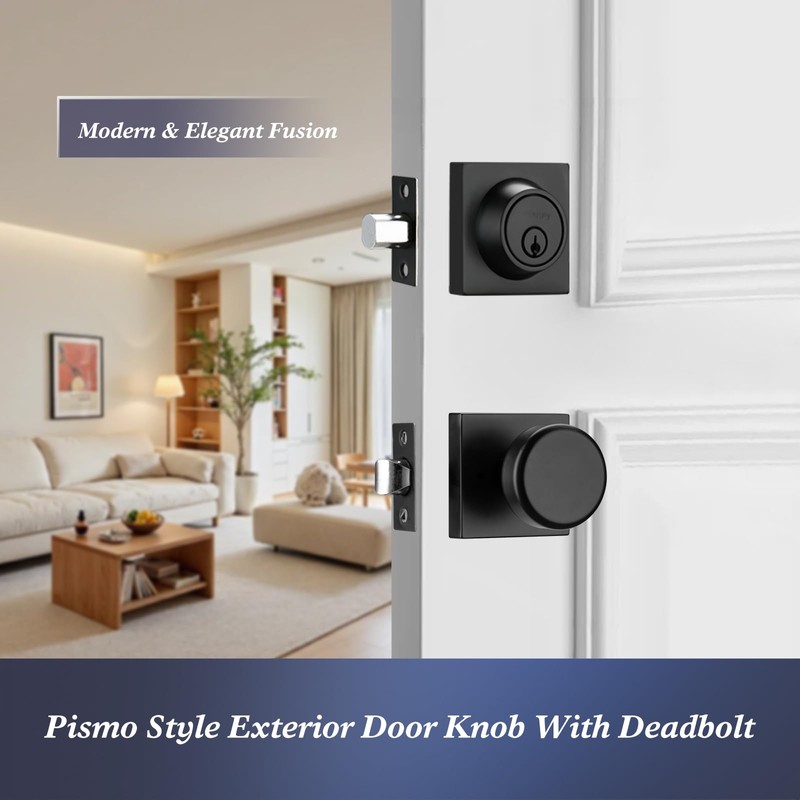 STARPY Black Door Knob with Lock, Exterior Door Lock Set