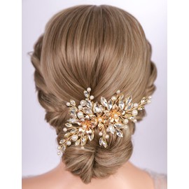 Teyglen Gold Wedding Crystal Hair Barrette Flower Rhinestone Wedding Headpiece Bridal Crystal Pearl Hair Clips Floral Hair Piece Decorative Hair Accessories for Women(Gold)