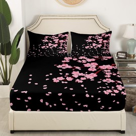 Sábana bajera de flores de cerezo rosado, tamaño Queen, bonitas sábanas florales, sábanas románticas de flores japonesas, pétalos de granja, primavera, rústico, decoración de habitación, juego de cama