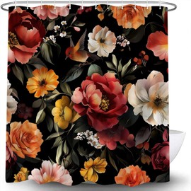 Black Floral Shower Curtain Vintage Boho Flower Bird Botanical Retro Blossom Leaves Plant Rustic Wildflower Unique Aesthetic Art Bath Curtain with Hooks