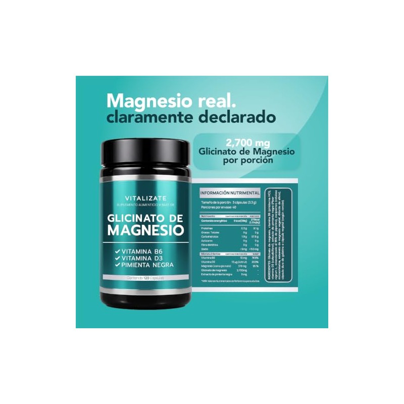 Glicinato Magnesio 2700 Por Porción 378 Elemental Fórmula Quelada Pimienta