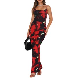 VECVOC Womens Summer Casual Floral Dresses Spaghetti Strap Bodycon Maxi Beach Dress,Red,Medium