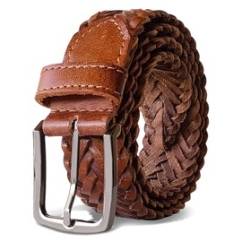 ROYALZ Braided Leather Belt Men's Women's Leather Belt Vintage Genuine Leather Unisex 35 mm Wide, cognac brown
