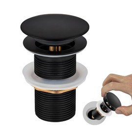 KAIYAYA Drain Fitting Sink Black Pop Up Drain Valve Without Overflow with Strainer Basket Universal 66 mm x G1 1/4 Sink Drain Fitting Push Open Drain Valve for Sink Washbasin