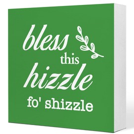 Green Bless This Hizzle for Shizzle Sign Wooden Block,Funny Humor Home Decor for Shelves,Farmhouse Home Desk Decor,House Warming Gift for Friends