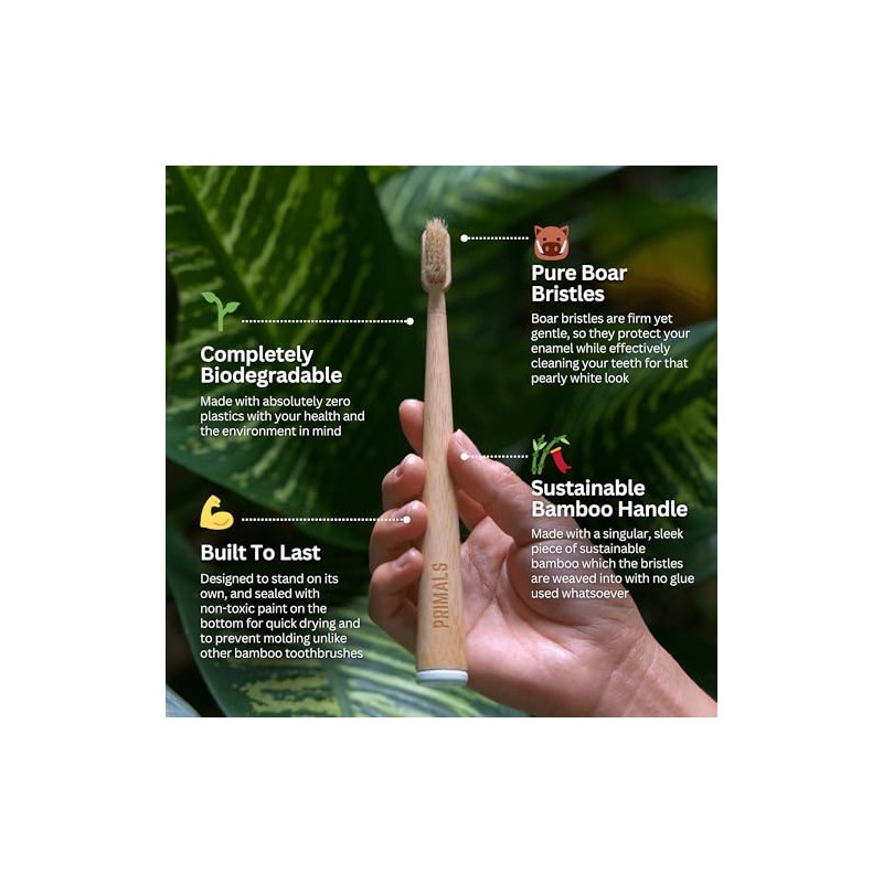 PRIMALS Boar Bristle & Bamboo Toothbrush (4-Pack) - Premium Boar