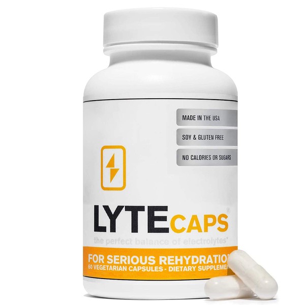 LyteCaps Electrolyte Tablets - 60 Vegetarian Capsules - for Serious Rehydration and Cramps, Dehydration - Magnesium, Potassium, Sodium and Zinc - Free of Gluten, Dairy and Nuts