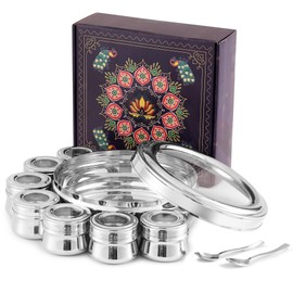 KSJONE Large 22cm Premium Spice Tin Masala or Dry Fruit Storage Box | 7 Spice Jars with Lids | Holds 7 Spices | Polished Stainless Steel with 2 Serving Spoons & Clear Acrylic Lids | Spice Box
