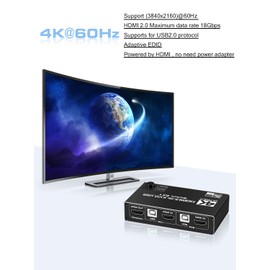 4K@60Hz HDMI KVM Switch, 2x1 HDMI2.0 Ports + 3X USB KVM Ports, Share 2 Computers to one UHD Monitor, Support Wireless Keyboard and Mouse, USB Disk, Printer