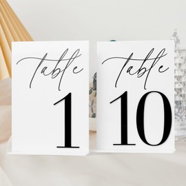Acrylic Wedding Table Numbers 1-10 with Stands, 5"x7" White Acrylic Place Cards with 3D Black Numbers, White and Black 3D Table Numbers for Wedding Reception, Anniversary, Event