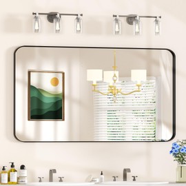 55×30 Black Vanity Mirror for Bathroom Sink - Rectangle Aluminum Frame Mirror with Tempered Glass & Rounded Corners for Living Room, Hallway, Horizontal/Vertical, Home Decor