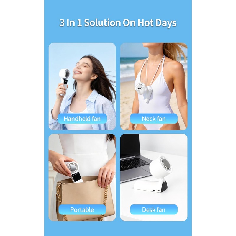 Portable 3-in-1 Handheld Neck Fan, Semiconductor Cooling, 4000mAh Up to