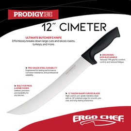 Ergo Chef Prodigy Series 12-Inch Cimeter Breaking Knife - High Carbon Stainless Steel Butcher Knife with Curved Blade, Ergonomic Non-Slip Handle, Black