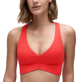 CRZ YOGA Butterluxe Womens Ruched Longline Sports Bras - V Neck Padded Yoga Tank Wide Straps Cross Back Crop Tops Deep Red Medium