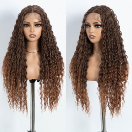 Style Icon Long Deep Curly Wave Lace Front Perücke 30 inches Ombre Brown Long Water Wave Wig for Women T Part Lace Wig with Baby Hair Synthetic Heat Resistant Fiber (T C4/C30)