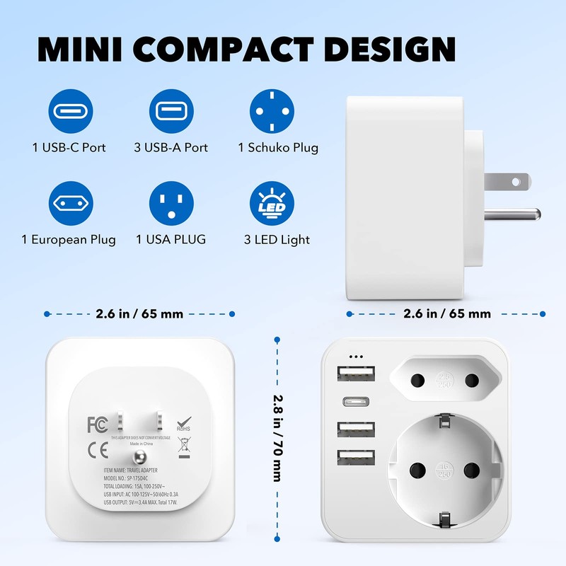 Adapter USA Germany Plug with 3 USB 1 USB C