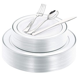 WDF 40Guest Silver Plastic Plates with Silverware - White Plastic Plates with Silver Rim, Dinnerware Sets Include 40 Dinner Plate, 40 Salad Plate,40 Forks, 40 Knives, 40 Spoons