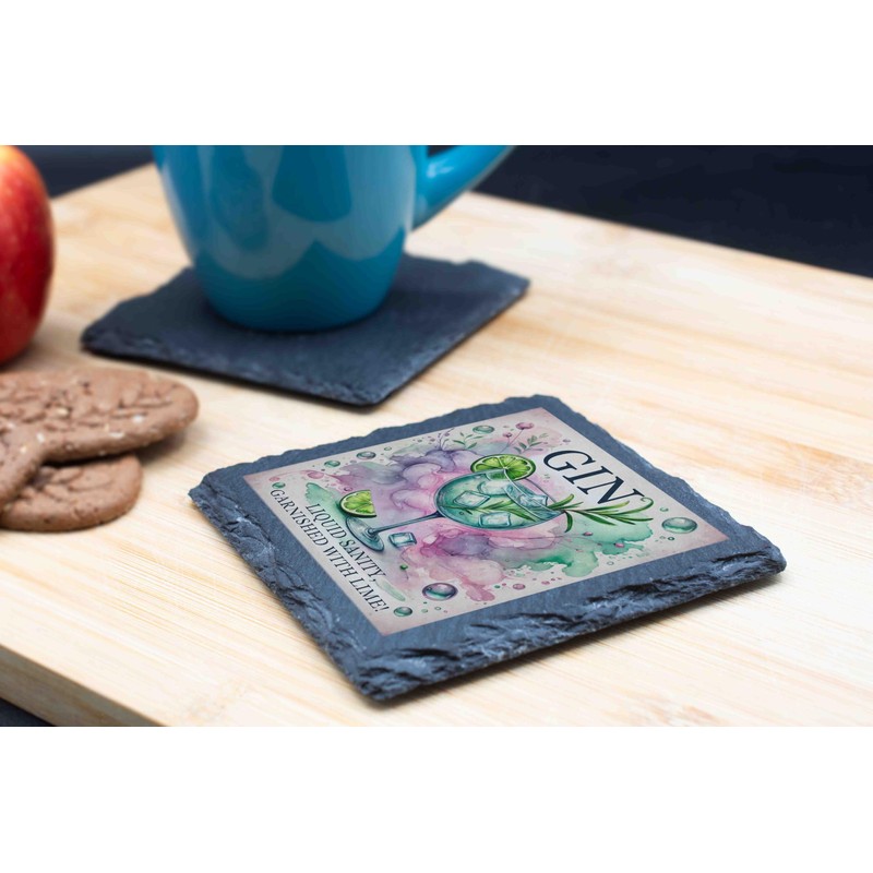 Slate Coaster with Gin Design - "'iquid Sanity Garnished with
