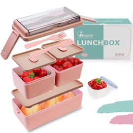 Bugucat Bento Lunch Box 1400ML Stackable Lunch Box Bento Boxes,2 Layer 3 Compartments Leak Proof Lunchbox,Lunch Box with Compartments for Adults Kids,Container Meal Prep Containe with Cutlery,Pink