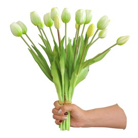 Aoivrb 15pcs Artificial Tulip Flowers, Real Touch Latex Tulip Bouquets, Fake Tulip Bouquets for Wedding Parties Home Kitchen Shop Garden Decorations (15, White)