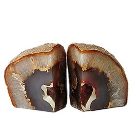 AMOYSTONE Agate Bookends Shelve Decor Stone Book Ends for Heavy Books Nature Brown with Rubber Bumper(1 Pair, 3-4 LBS)