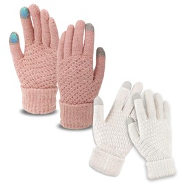 Viiotu 2 Pairs Touchscreen Winter Gloves, Thermal Knitted Gloves with Warm Elastic Cuff, Fleece Lined for Women Cold Weather Running Cycling Outdoor (White+Pink, One Size)