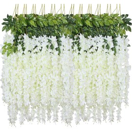 WEIDOLLAR Wisteria Hanging Flowers, 24 Pack Artificial Wisteria Vines Fake Garland Silk Flower String for Wedding Party Garden Outdoor Greenery Home Wall Decoration