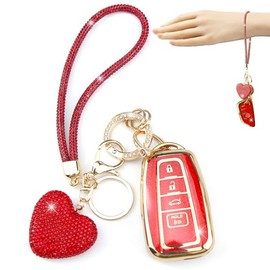YIKECASE Key Fob Cover with Diamond Keychain Car Key Holder Compatible with Toyota Highlander RAV4 Camry Avalon C-HR Corolla GT86 2018-2024 Key Protector for Women, 4 Buttons (Red-Wrist Rope)