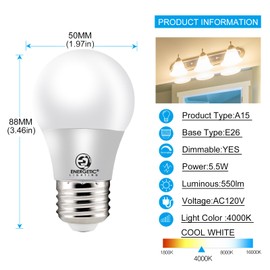Energetic Lighting LED Refrigerator Bulb 40 Watt Equivalent, 4000K Cool White, Dimmable A15 Ceiling Fan Light Bulbs, E26 Base, UL Listed, 6 Pack