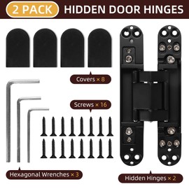 6 inch Hidden Door Hinges Invisible Hinges, 2 Pack Heavy Duty Zinc Alloy 3 Way Adjustable Butt Hinge 180 Degree Swing Hinge, Black