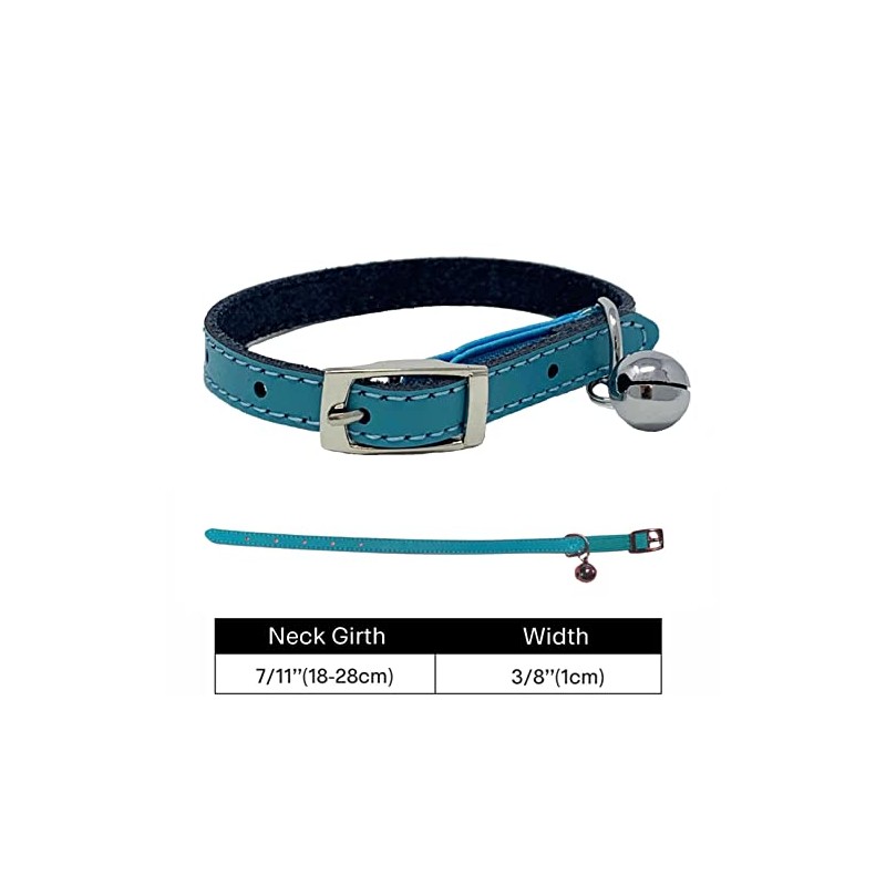 Cat Collar Real Leather with Safety Elastic, Bell, Available (Blue)