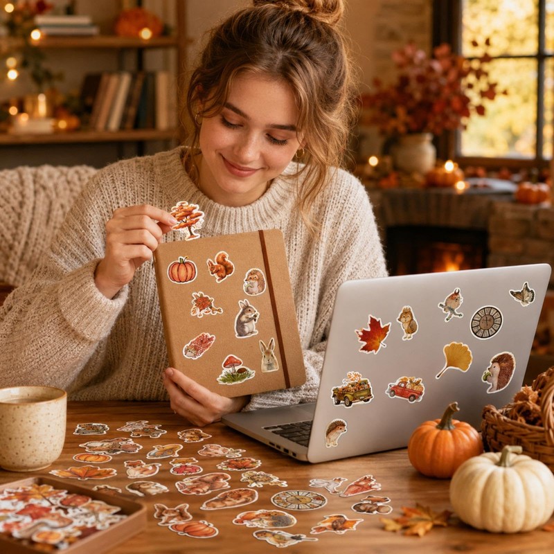 50Pcs Autumn Theme Scrapbook Sticker,Autumn Leaves Animals Maple Leaf Theme