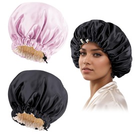 Satin Bonnet Silk Bonnet for Curly Hair Bonnet Braid Bonnet for Sleeping Bonnets for Women Large Double-Layer Adjustable(Black&Pink)