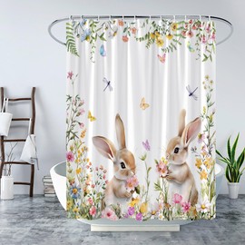 KDYDK Spring Easter Bunny Shower Curtains Rabbits Floral Plant Watercolor Flower Festival Holiday Boho Nature Decor Bathroom Curtain Set with Hook