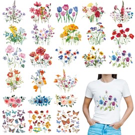 Kisston 24 Pcs Wild Flower Iron on Patches for Clothing Colorful Spring Summer Flowers Heat Transfer Stickers Decals Washable Iron on Transfers for T Shirts Appliques for Clothes DIY Pillows